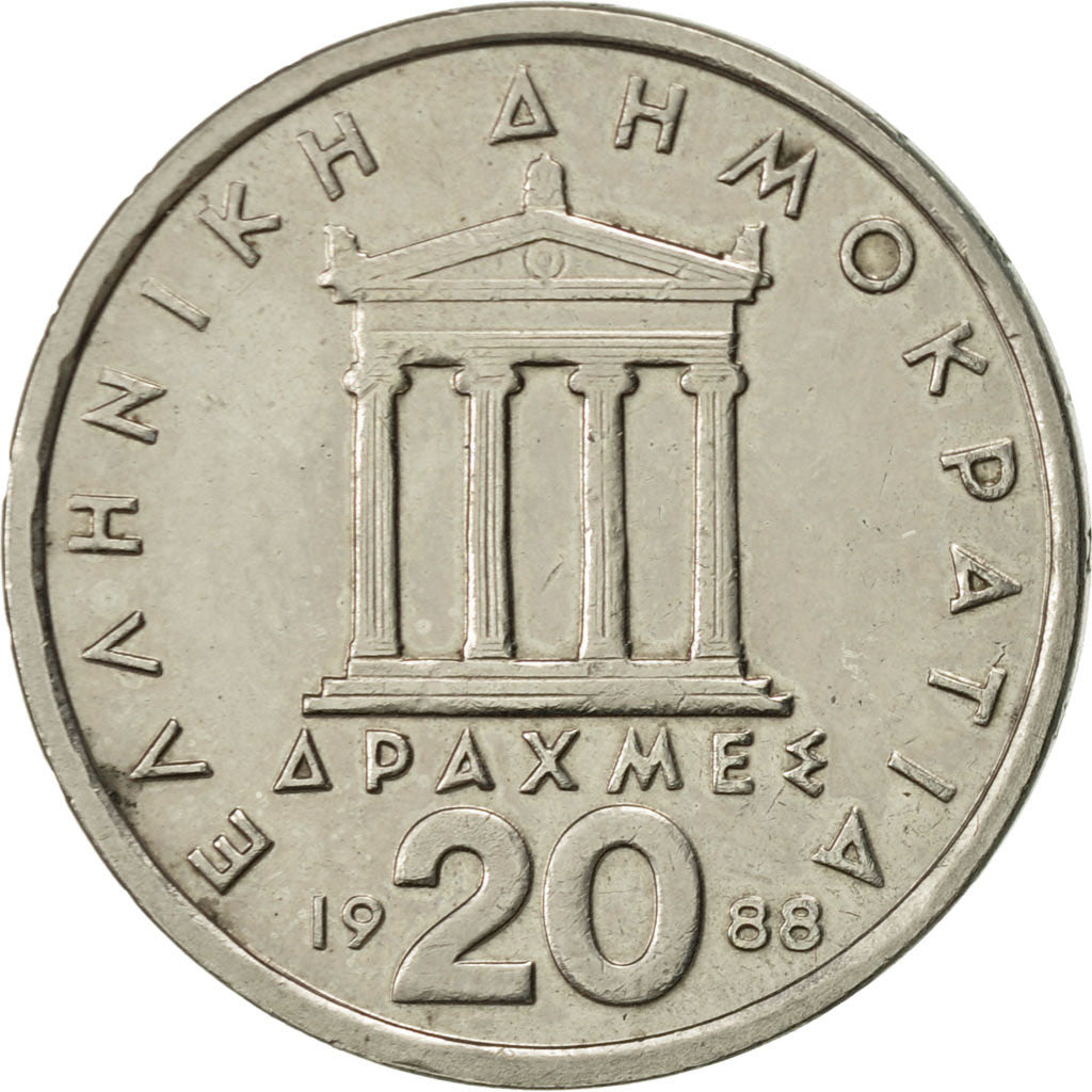 Coin, Greece, 20 Drachmes, 1988, AU(55-58), Copper-nickel, KM:133