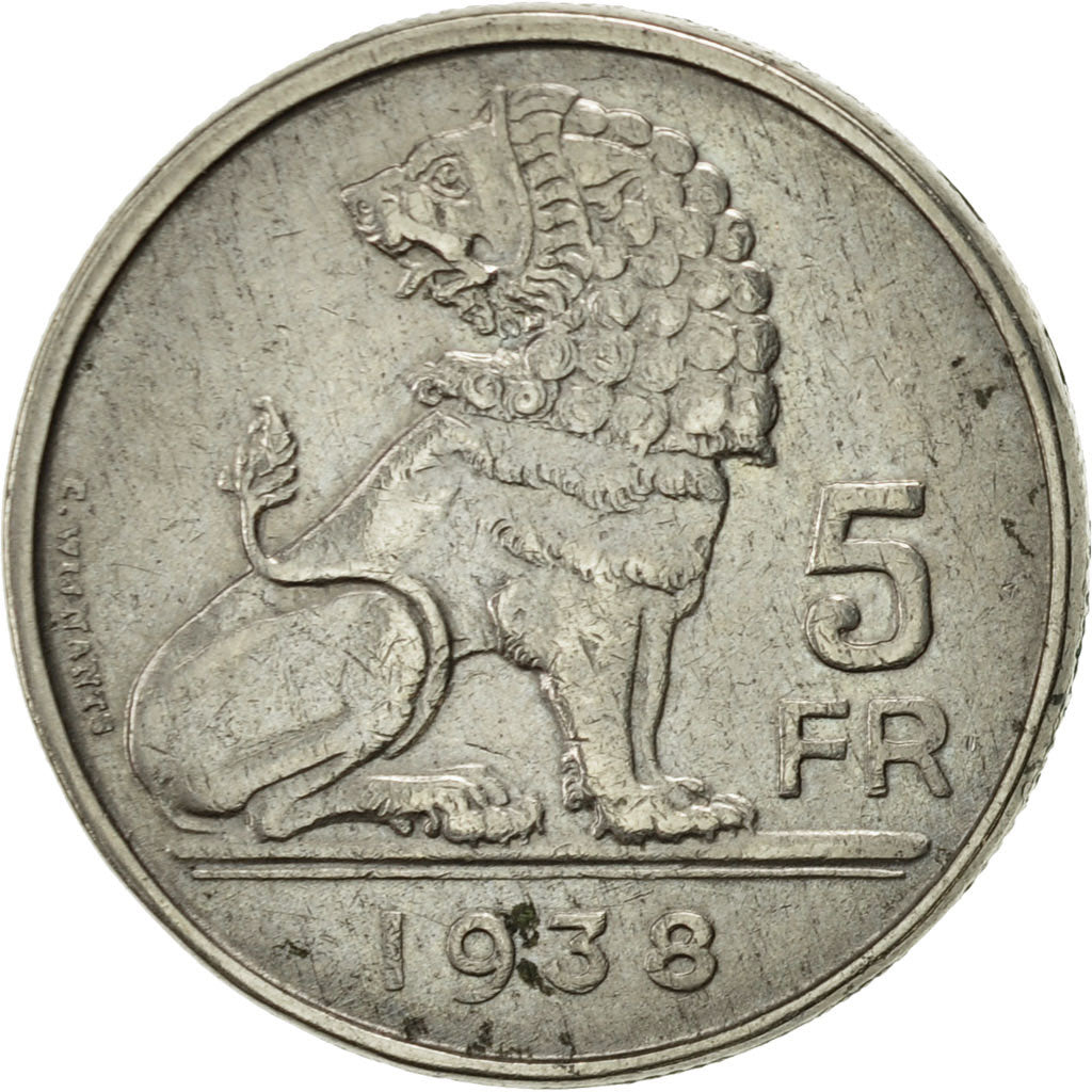 Belgium, 5 Francs, 5 Frank, 1938, Nickel, AU(55-58)