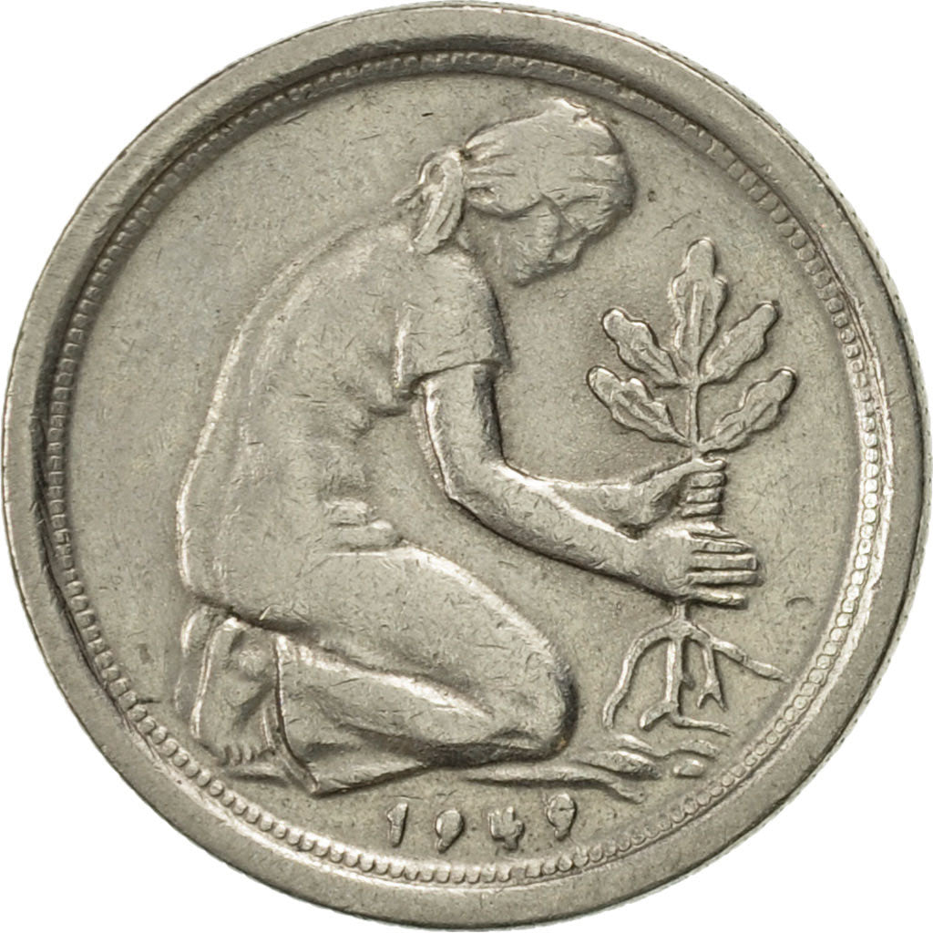Moneda, ALEMANIA - REPÚBLICA FEDERAL, 50 Pfennig, 1949, Karlsruhe, MBC, Cobre -