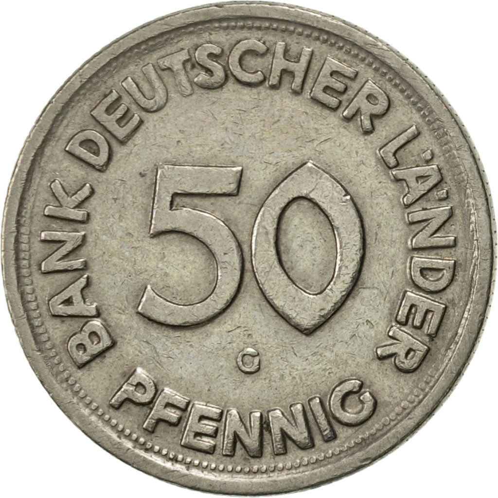Moneda, ALEMANIA - REPÚBLICA FEDERAL, 50 Pfennig, 1949, Karlsruhe, MBC, Cobre -
