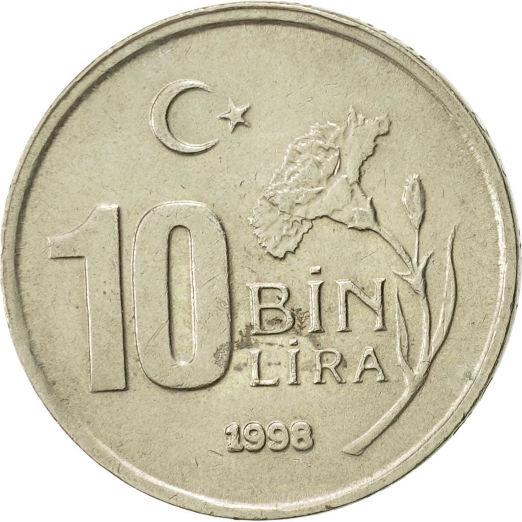 Moneda, Turquía, 10000 Lira, 10 Bin Lira, 1998, MBC+, Cobre - níquel - cinc