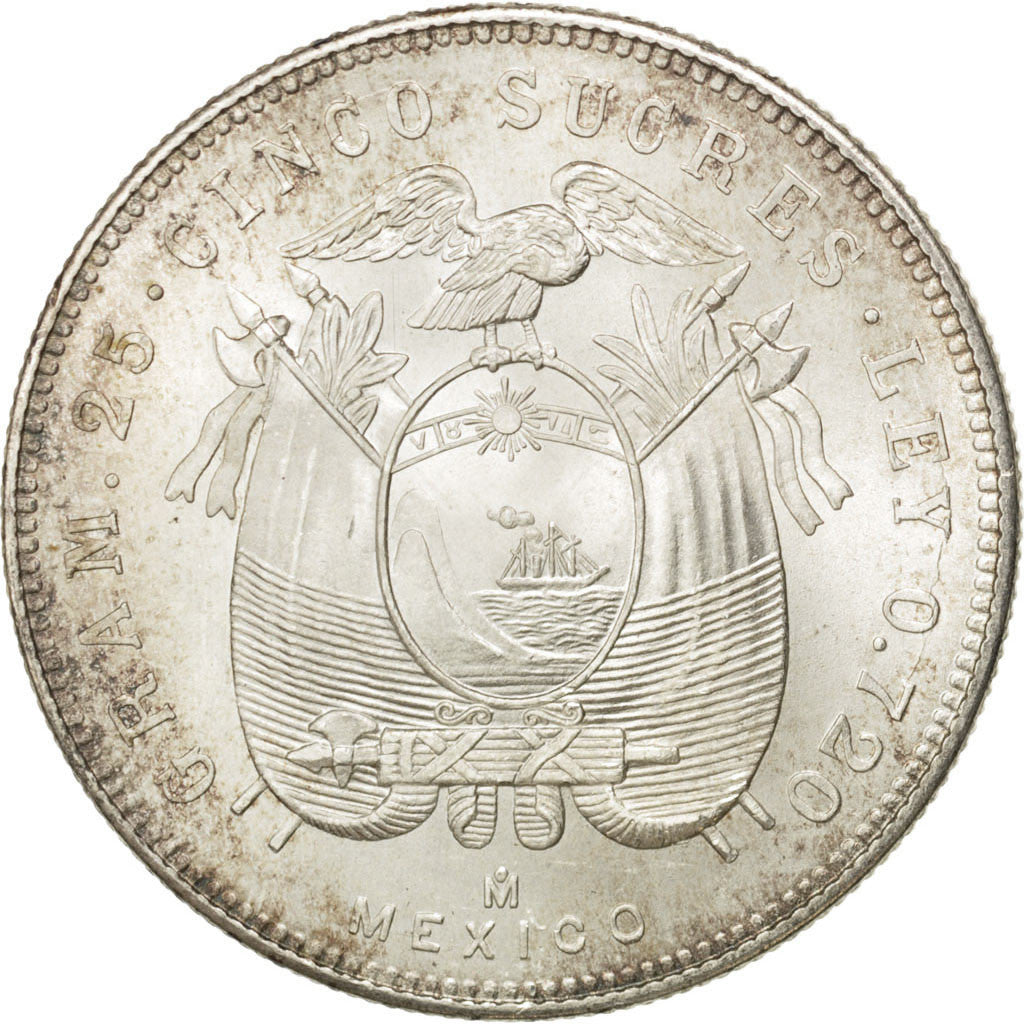 Moneda, Ecuador, 5 Sucres, Cinco, 1944, Mexico City, Mexico, SC, Plata, KM:79