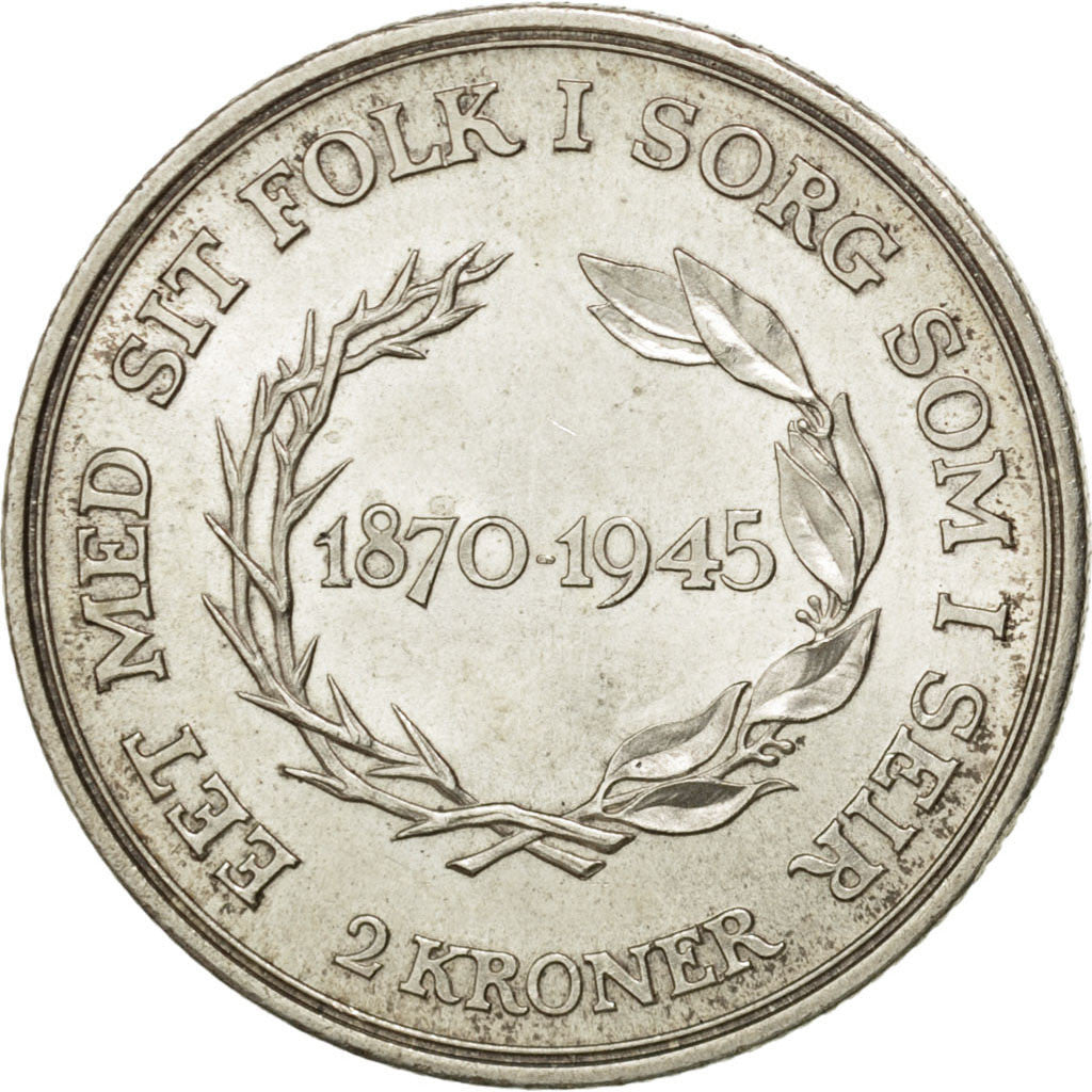 Moneda, Dinamarca, Christian X, 2 Kroner, 1945, SC+, Plata, KM:836