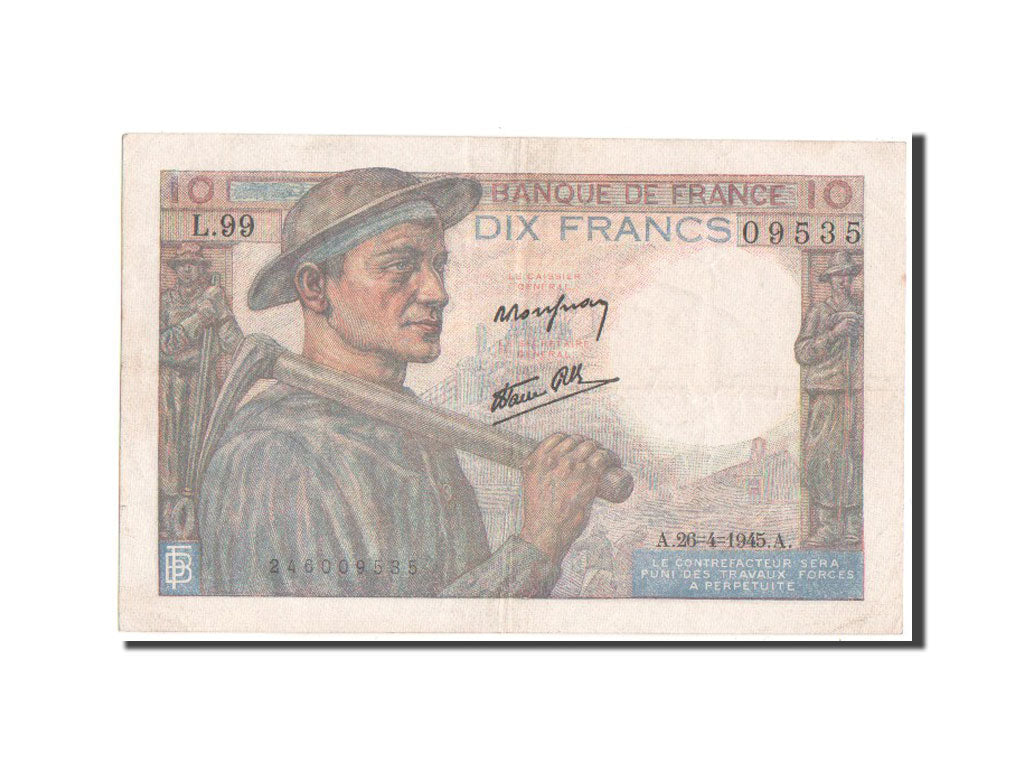 Banconote, Francia, 10 Francs, 10 F 1941-1949 ''Mineur'', 1945, BB+