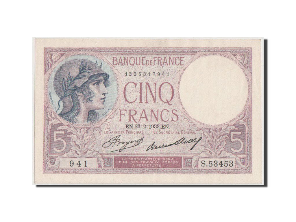 Billet, France, 5 Francs, 5 F 1917-1940 ''Violet'', 1933, SPL+, Fayette:3.17
