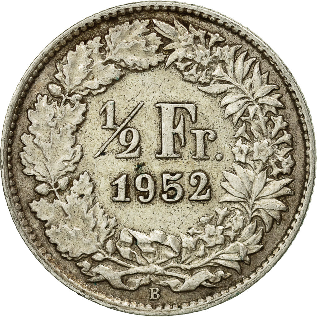 Coin, Switzerland, 1/2 Franc, 1952, Bern, EF(40-45), Silver, KM:23