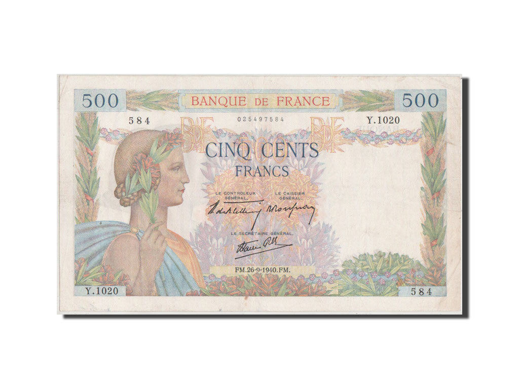 Geldschein, Frankreich, 500 Francs, 500 F 1940-1944 ''La Paix'', 1940, VZ