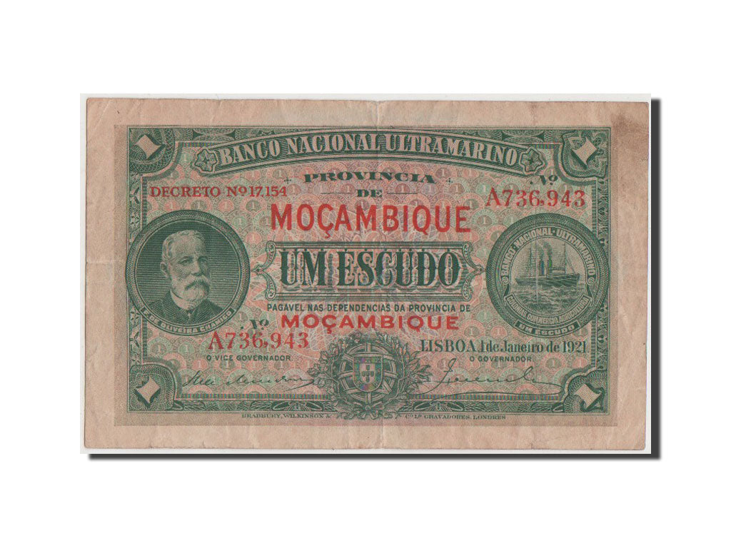 Banconote, Mozambico, 1 Escudo, 1921, MB