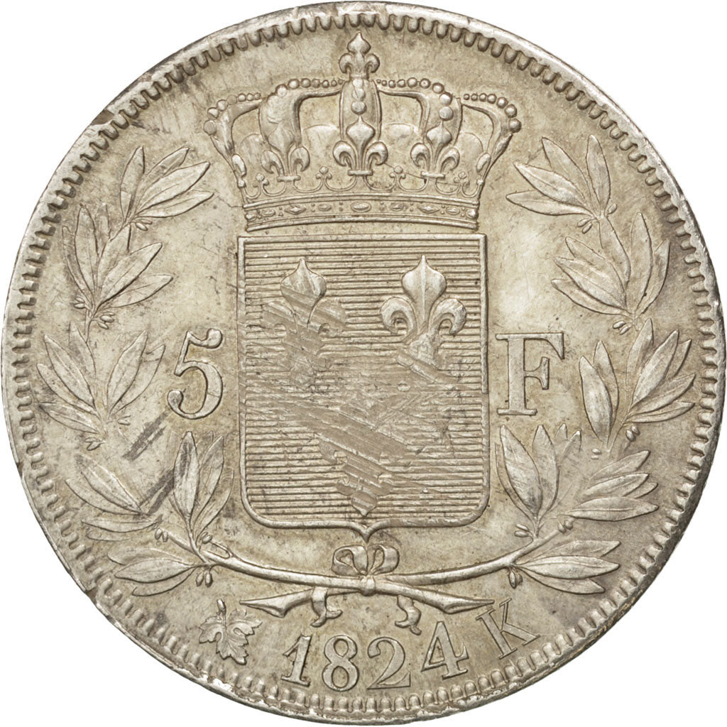 Coin, France, Louis XVIII, 5 Francs, 1824, Bordeaux, AU(55-58), Silver
