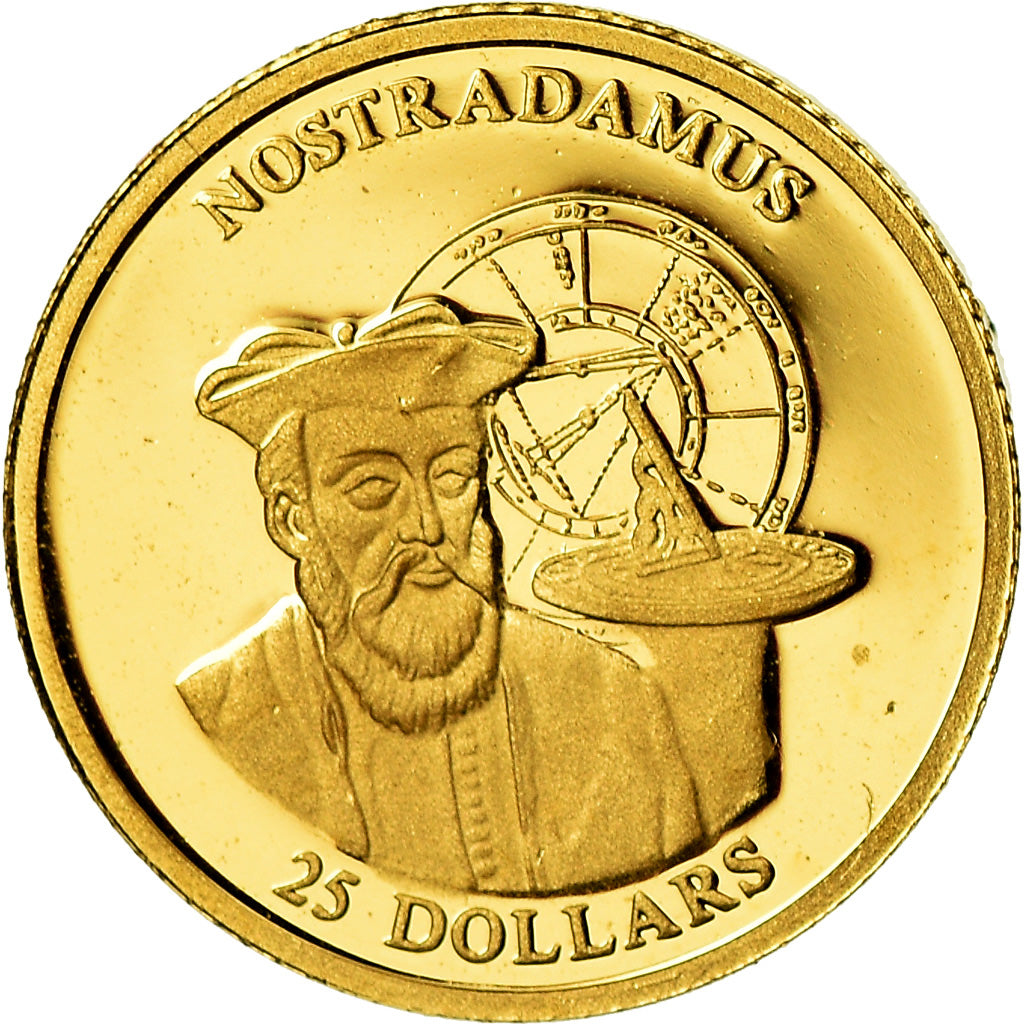 Liberia, 25 Dollars, Nostradamus, 2001, MS(65-70), Gold