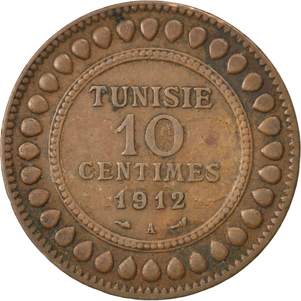 Moneta, Tunisia, Muhammad al-Nasir Bey, 10 Centimes, 1912, Paris, BB, Bronzo