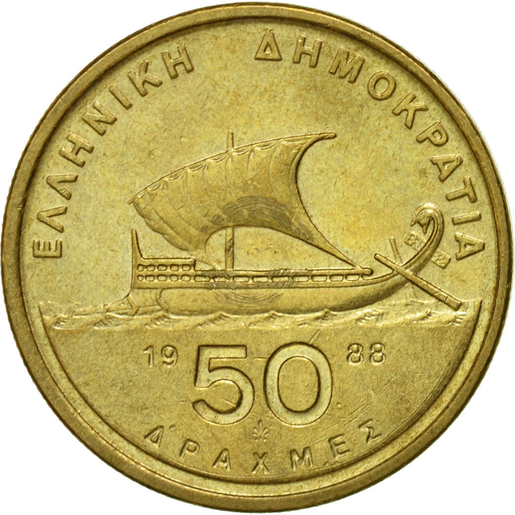 Coin, Greece, 50 Drachmes, 1988, AU(50-53), Aluminum-Bronze, KM:147