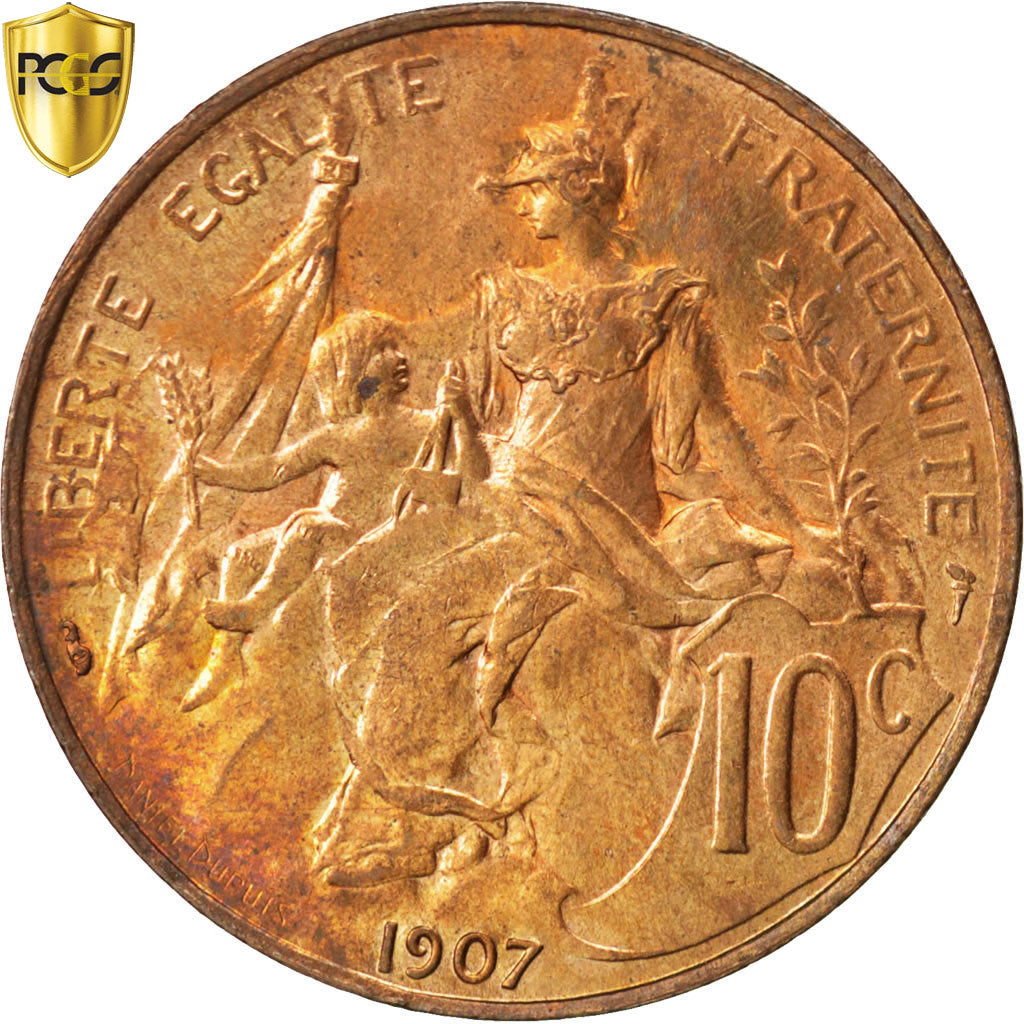Francja, 10 Centimes, Daniel-Dupuis, 1907, Paris, Brązowy, PCGS, MS65RB