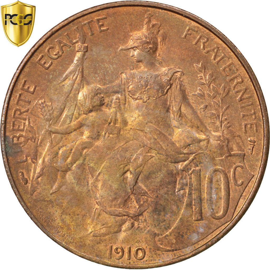 France, 10 Centimes, Daniel-Dupuis, 1910, Paris, Bronze, PCGS, MS64RB