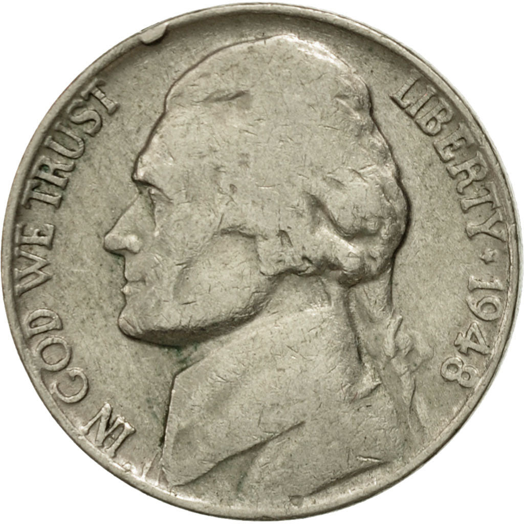 Coin, United States, Jefferson Nickel, 5 Cents, 1948, U.S. Mint, Philadelphia