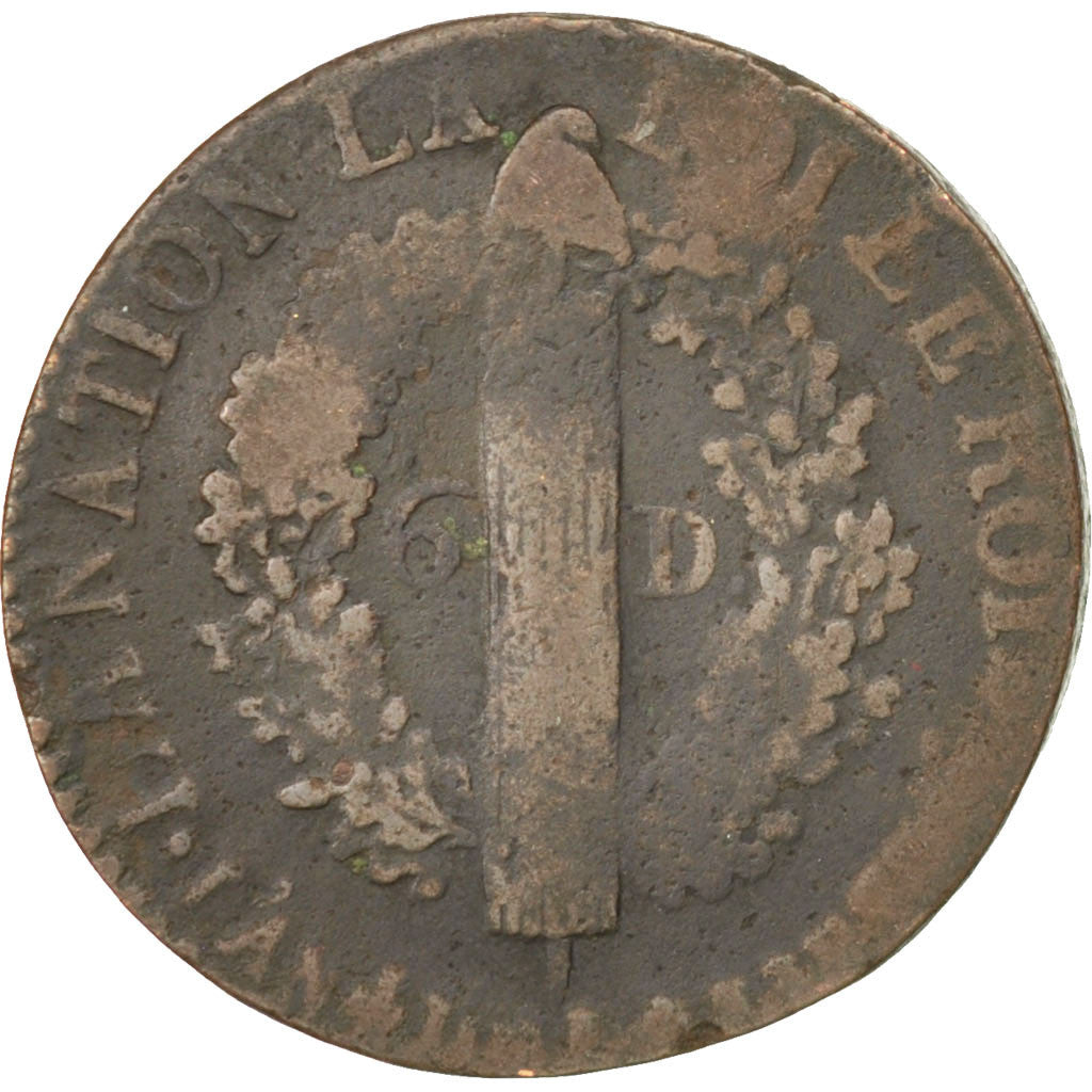 Moneta, Francia, 6 deniers françois, 6 Deniers, 1792, Marseille, MB+, Bronzo