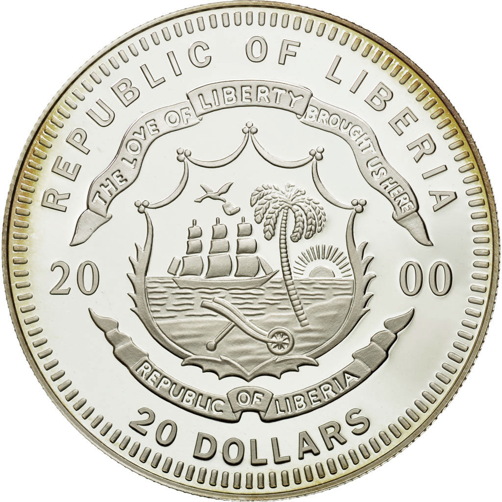Moneda, Liberia, 20 Dollars, Copenhague, 2000, FDC, Plata