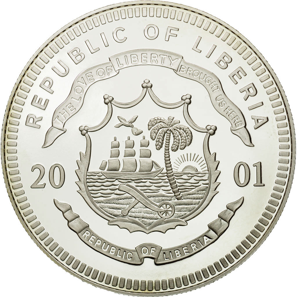 Moneta, Liberia, 20 Dollars, 2001, MS(65-70), Srebro