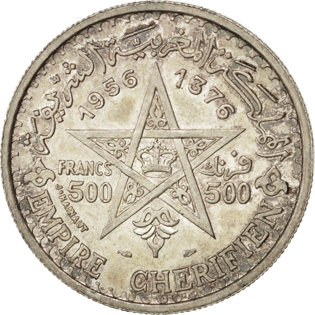 Münze, Marokko, Mohammed V, 500 Francs, 1956, VZ, Silber, KM:54
