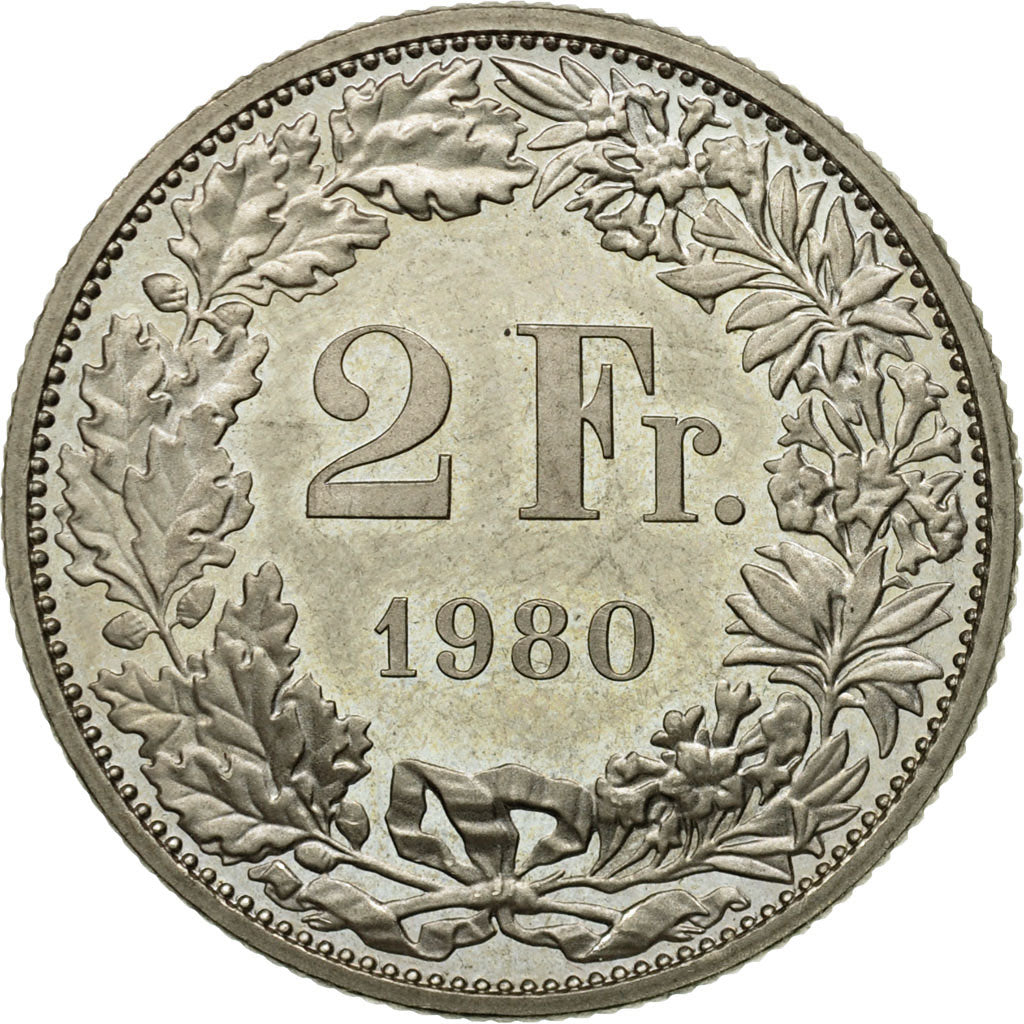Coin, Switzerland, 2 Francs, 1980, Bern, MS(60-62), Copper-nickel, KM:21a.1