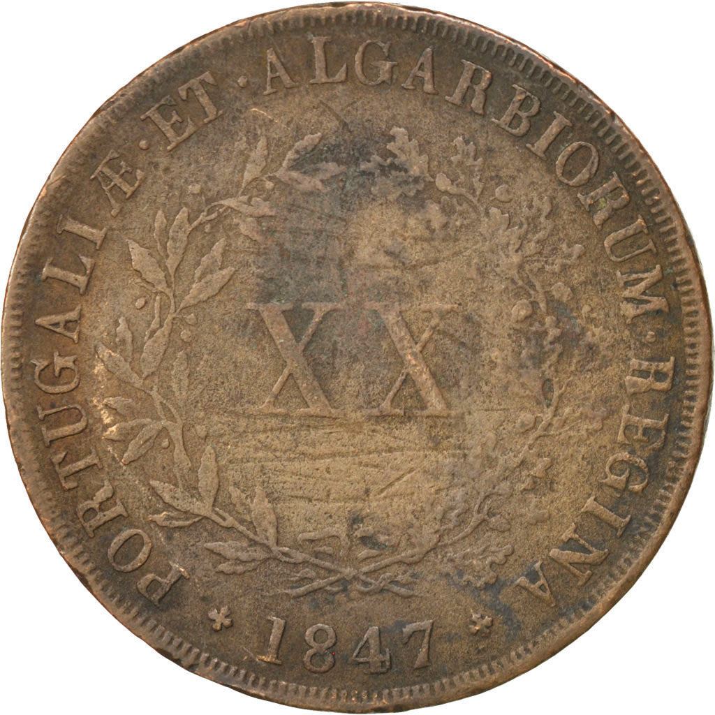Moneda, Portugal, Maria II, 20 Reis, 1847, BC+, Cobre, KM:482