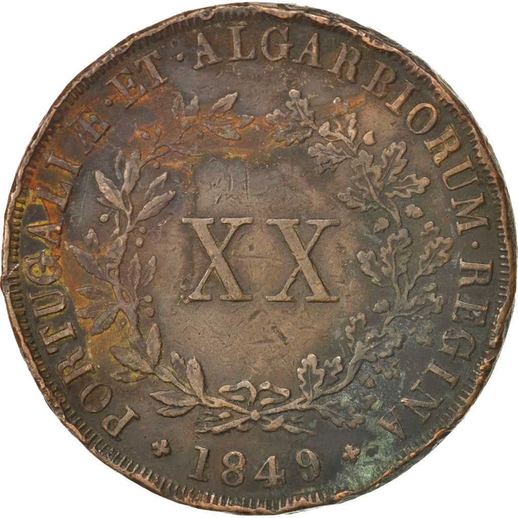 Moneda, Portugal, Maria II, 20 Reis, 1849, BC+, Cobre, KM:482