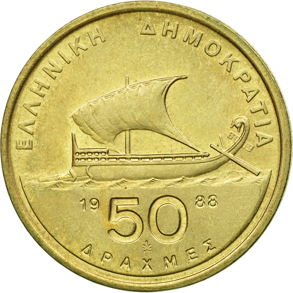 Coin, Greece, 50 Drachmes, 1988, AU(55-58), Aluminum-Bronze, KM:147