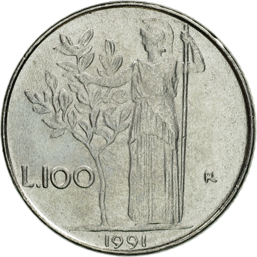 Coin, Italy, 100 Lire, 1991, Rome, AU(55-58), Stainless Steel, KM:96.2