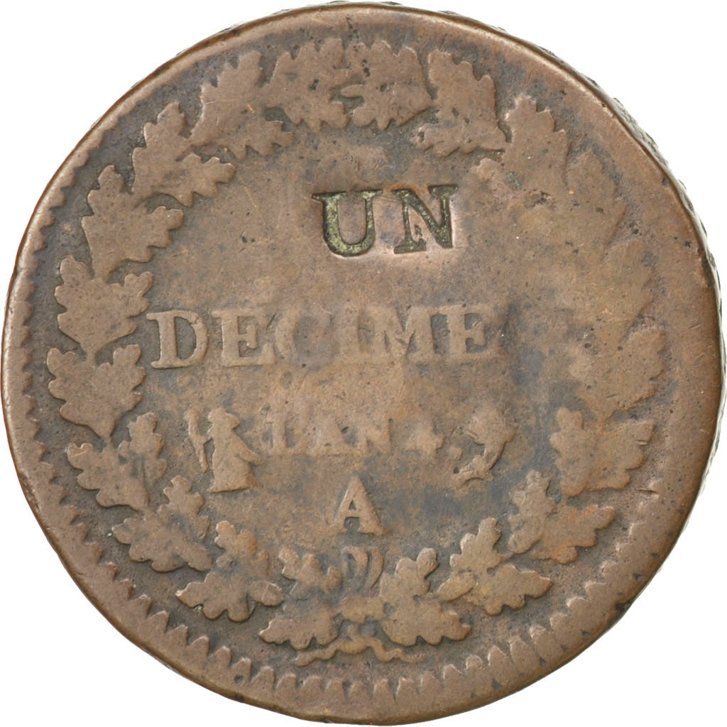 Monnaie, France, Dupré, Decime, 1795, Paris, TB, Bronze, KM:637.1, Gadoury:186