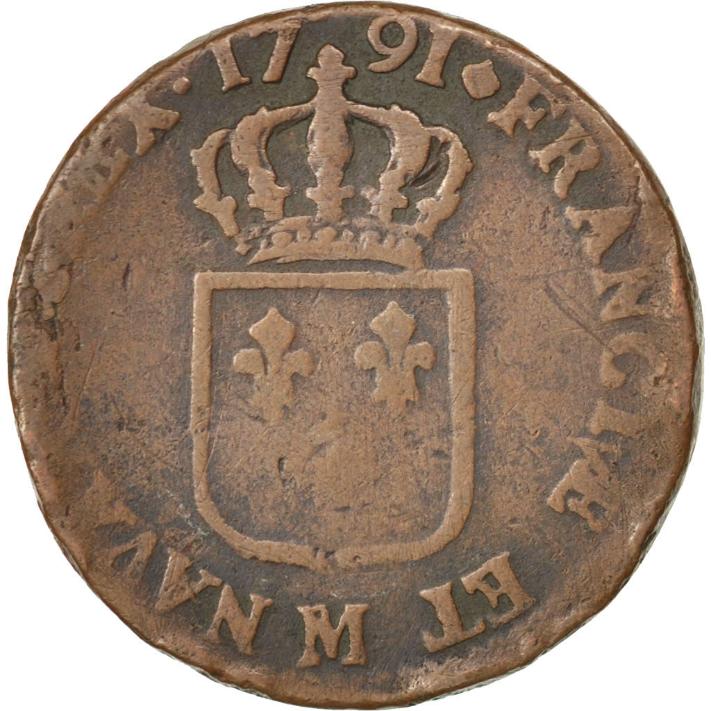 Münze, Frankreich, Louis XVI, Sol ou sou, Sol, 1791, Toulouse, S, Kupfer