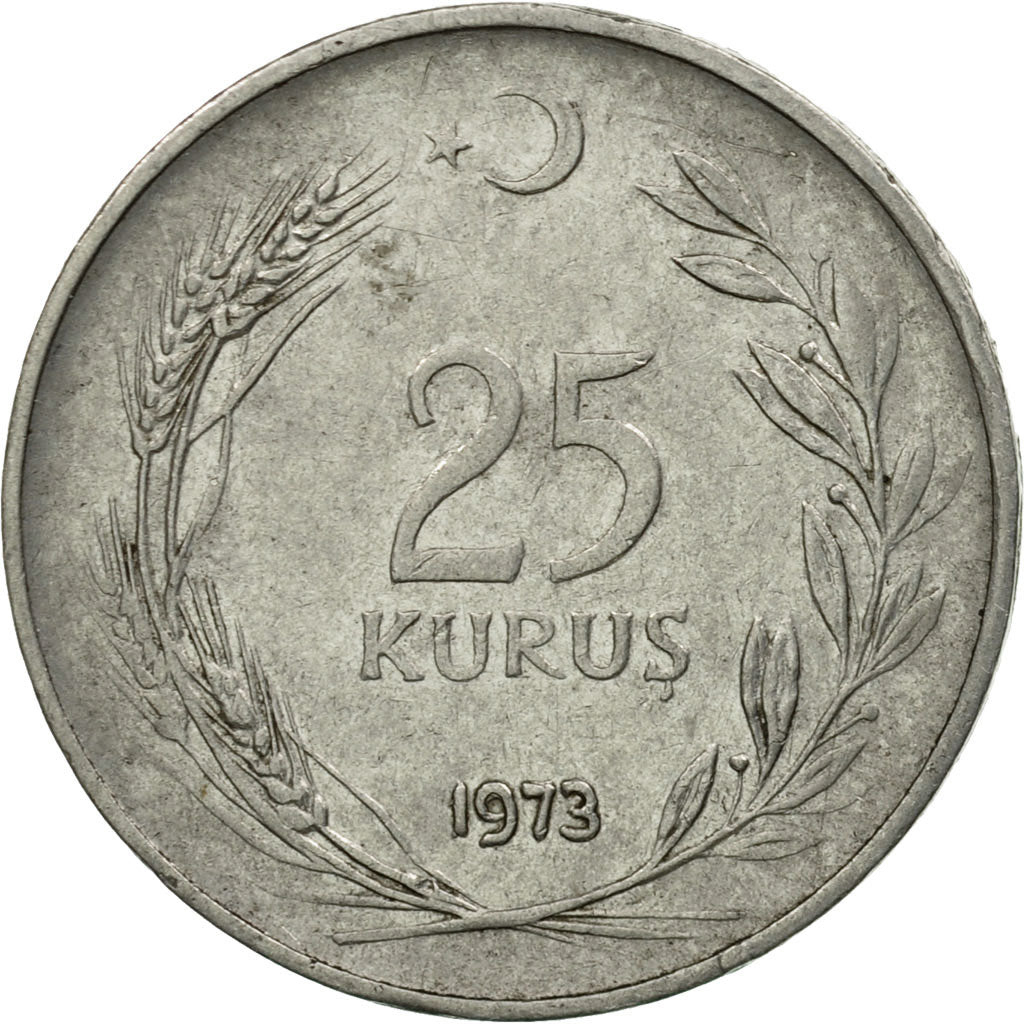 Moneta, Turcja, 25 Kurus, 1973, EF(40-45), Stal nierdzewna, KM:892.3