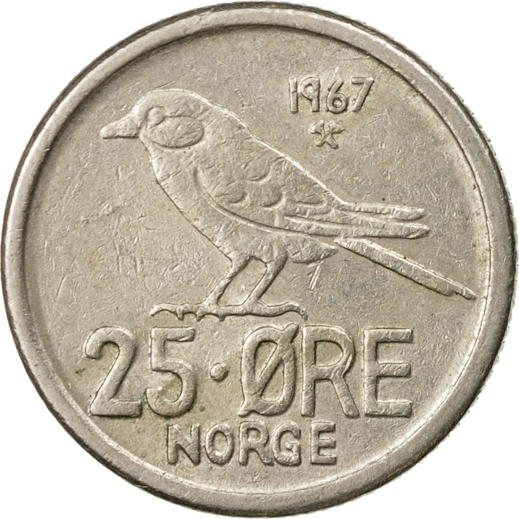 Coin, Norway, Olav V, 25 Öre, 1967, EF(40-45), Copper-nickel, KM:407