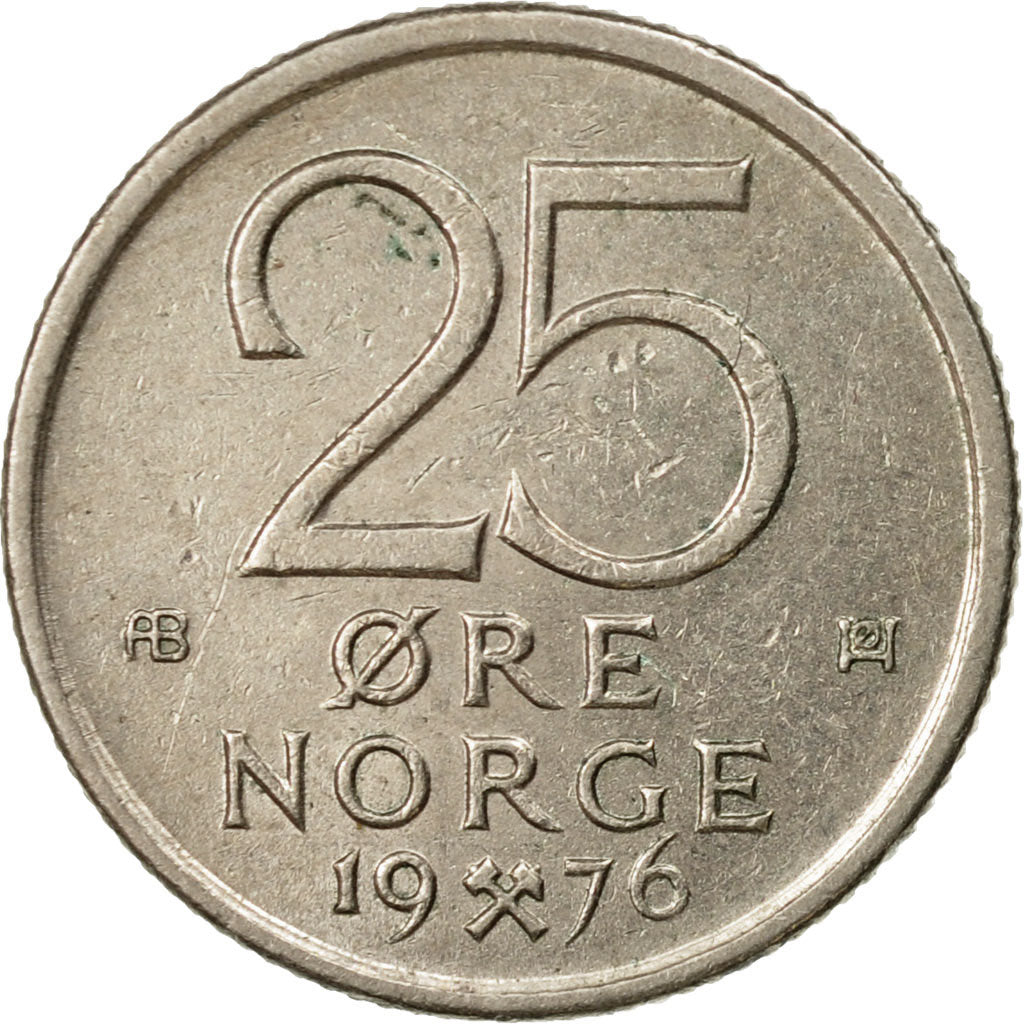 Coin, Norway, Olav V, 25 Öre, 1976, EF(40-45), Copper-nickel, KM:417