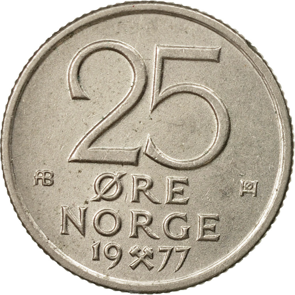 Coin, Norway, Olav V, 25 Öre, 1977, EF(40-45), Copper-nickel, KM:417