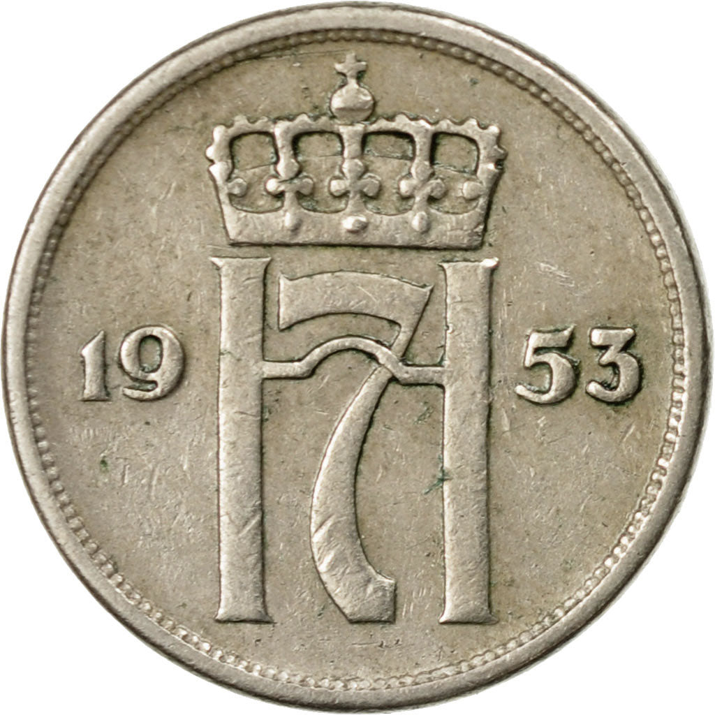 Coin, Norway, Haakon VII, 10 Öre, 1953, EF(40-45), Copper-nickel, KM:396