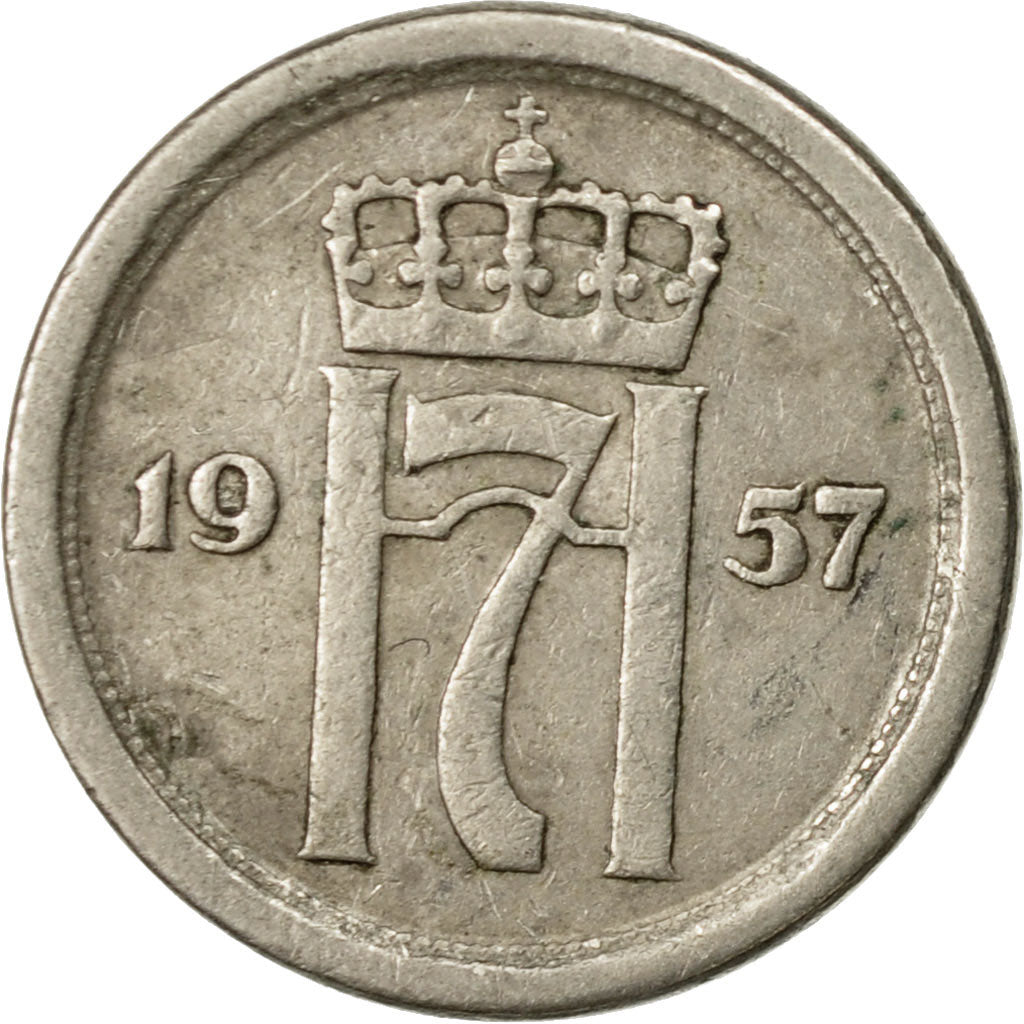 Coin, Norway, Haakon VII, 10 Öre, 1957, EF(40-45), Copper-nickel, KM:396