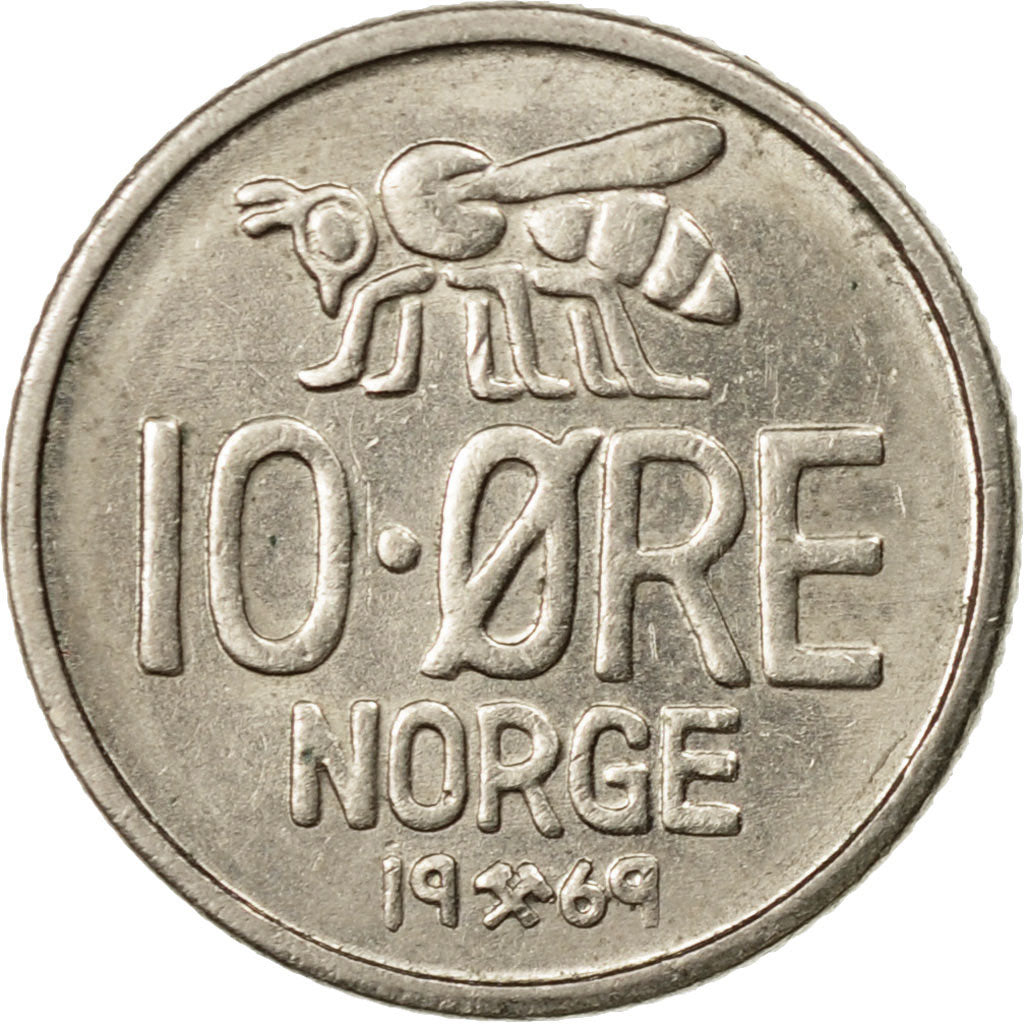 Coin, Norway, Olav V, 10 Öre, 1969, EF(40-45), Copper-nickel, KM:411