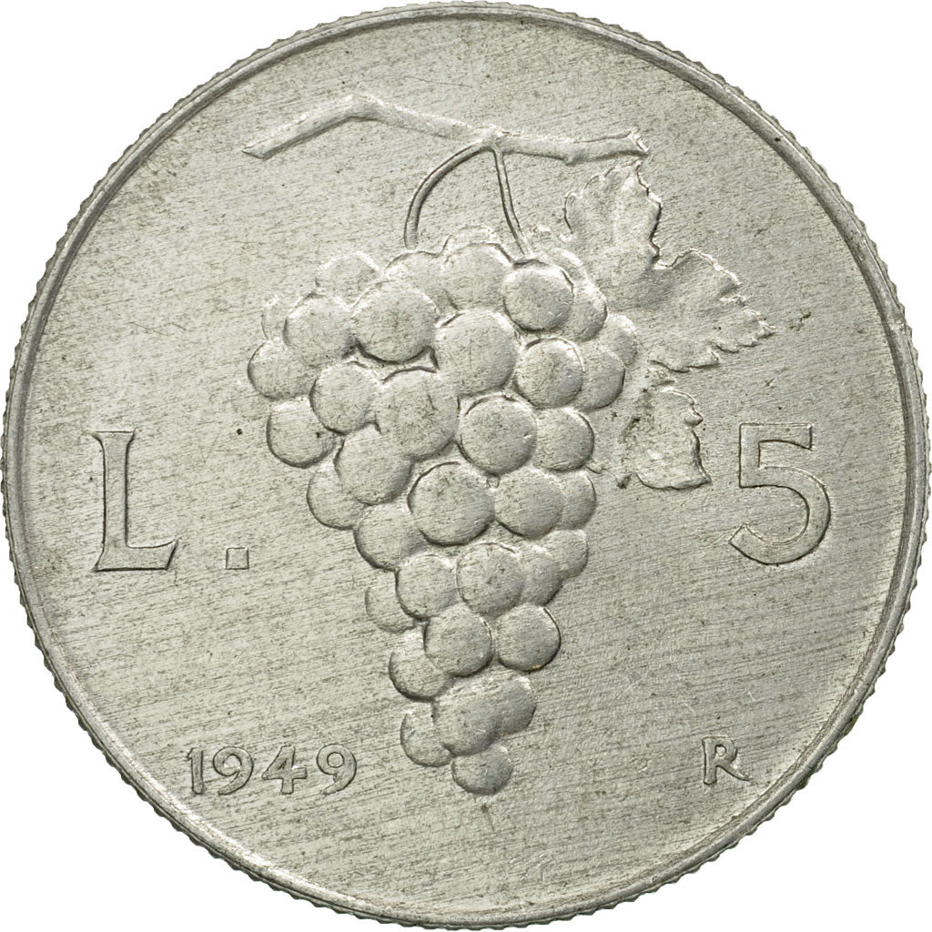 Coin, Italy, 5 Lire, 1949, Rome, EF(40-45), Aluminum, KM:89