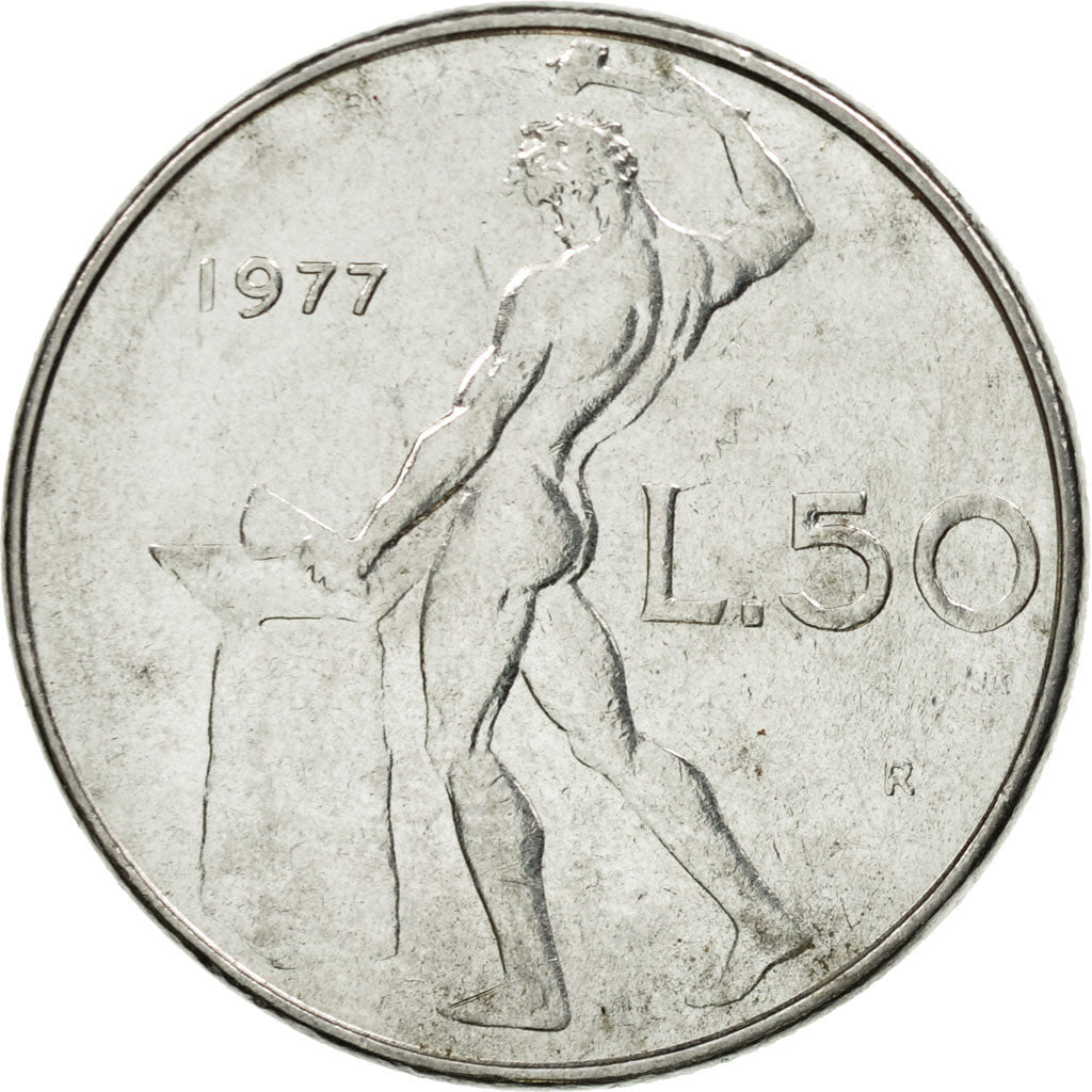 Coin, Italy, 50 Lire, 1977, Rome, EF(40-45), Stainless Steel, KM:95.1