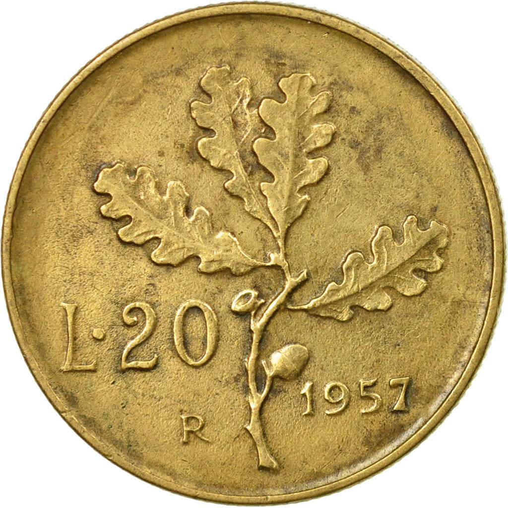 Coin, Italy, 20 Lire, 1957, Rome, EF(40-45), Aluminum-Bronze, KM:97.1