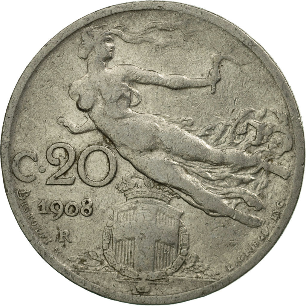 Coin, Italy, Vittorio Emanuele III, 20 Centesimi, 1908, Rome, VF(30-35), Nickel