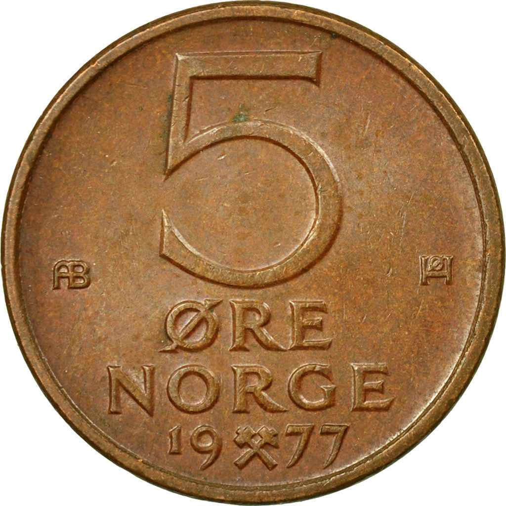 Moneda, Noruega, Olav V, 5 Öre, 1977, MBC, Bronce, KM:415