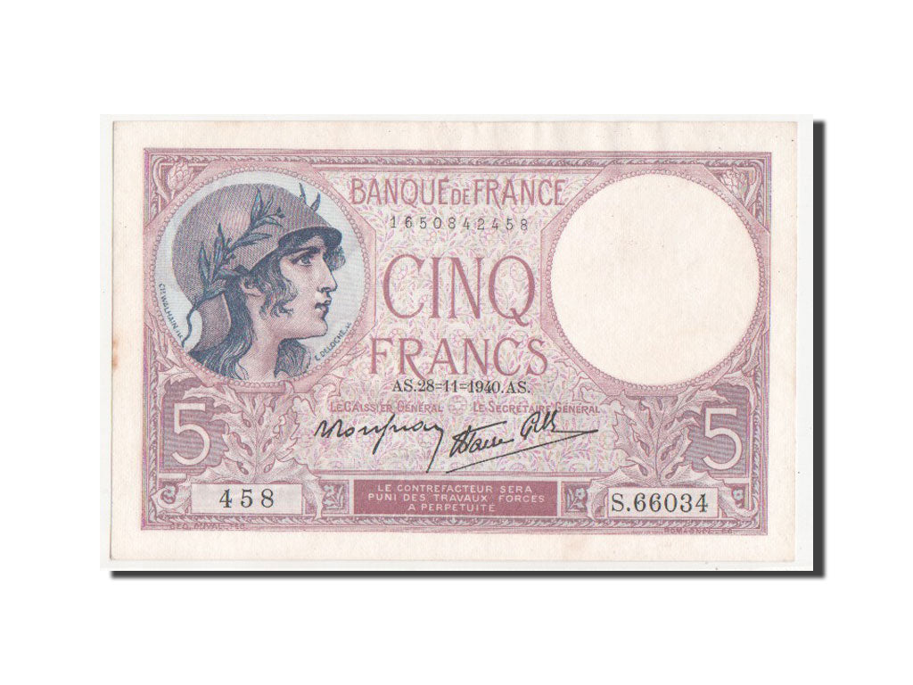 Banconote, Francia, 5 Francs, 5 F 1917-1940 ''Violet'', 1940, SPL+
