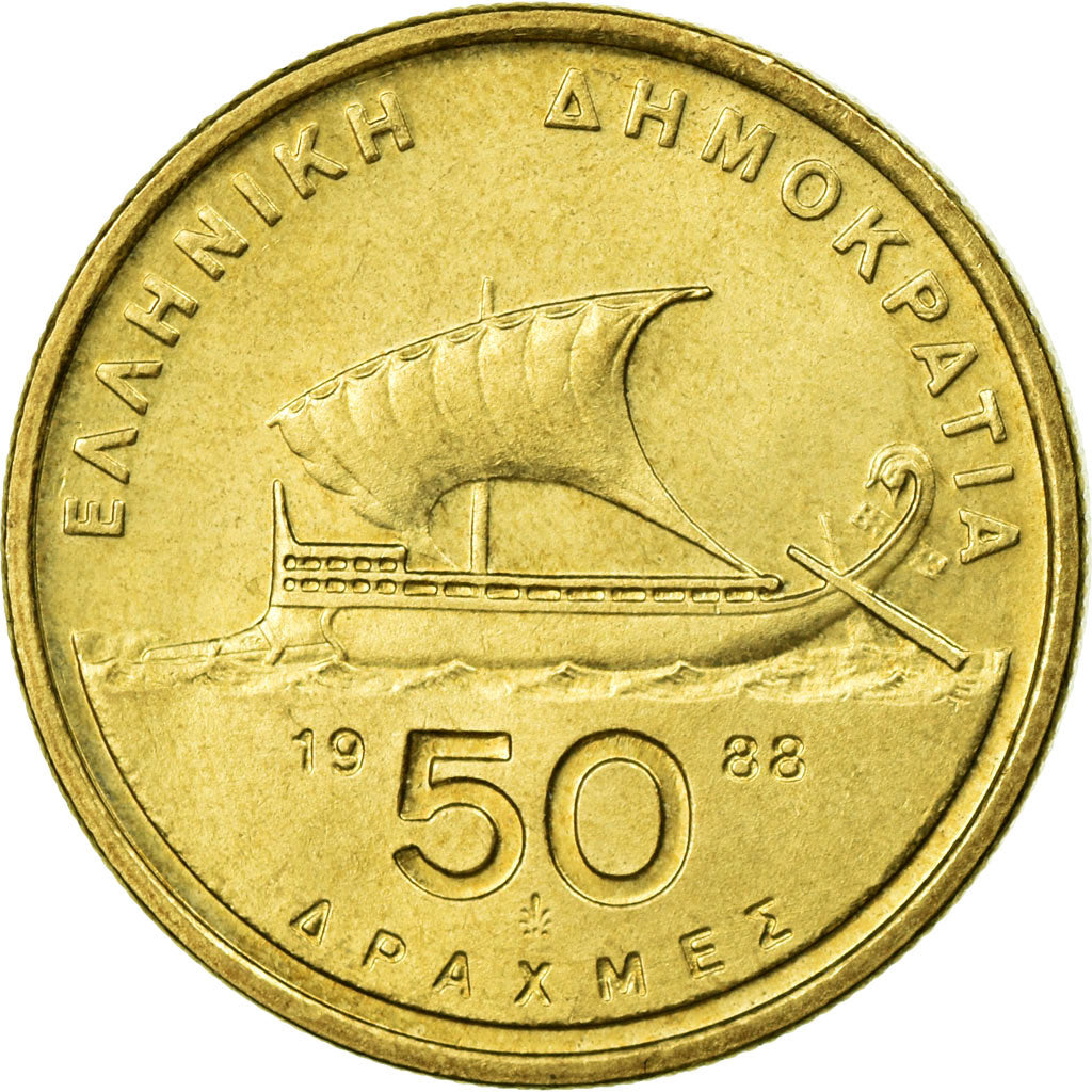 Coin, Greece, 50 Drachmes, 1988, AU(55-58), Aluminum-Bronze, KM:147