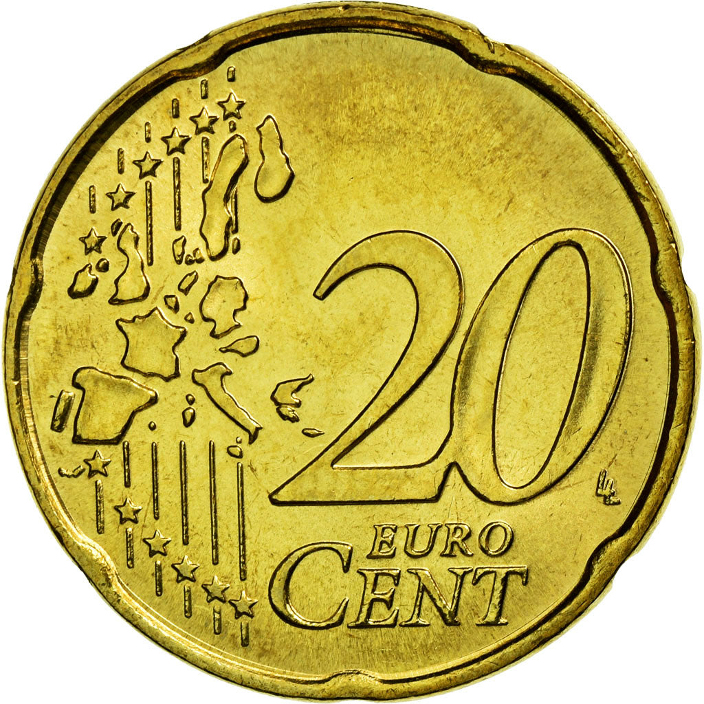 Italia, 20 Euro Cent, 2002, SC, Latón, KM:214