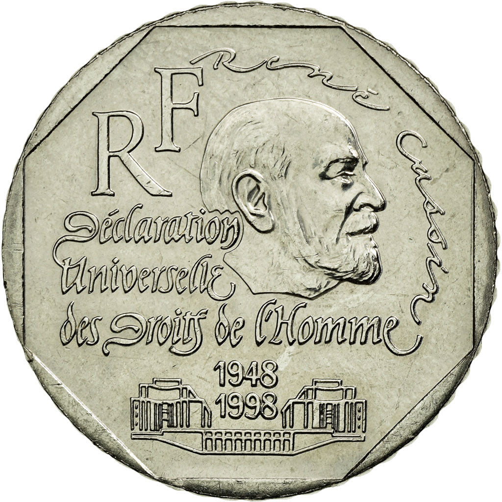 Coin, France, René Cassin, 2 Francs, 1998, AU(55-58), Nickel, KM:1213