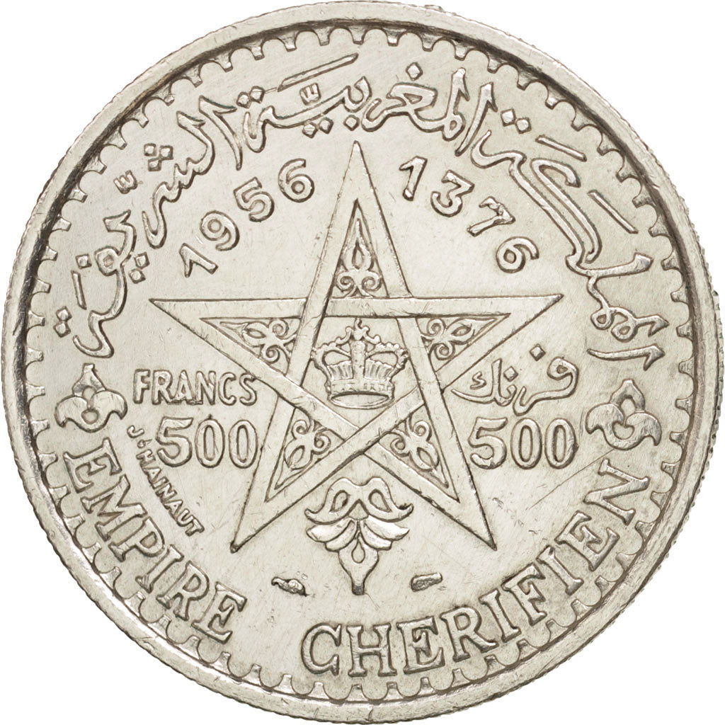 Coin, Morocco, Mohammed V, 500 Francs, 1956, Paris, AU(50-53), Silver, KM:54