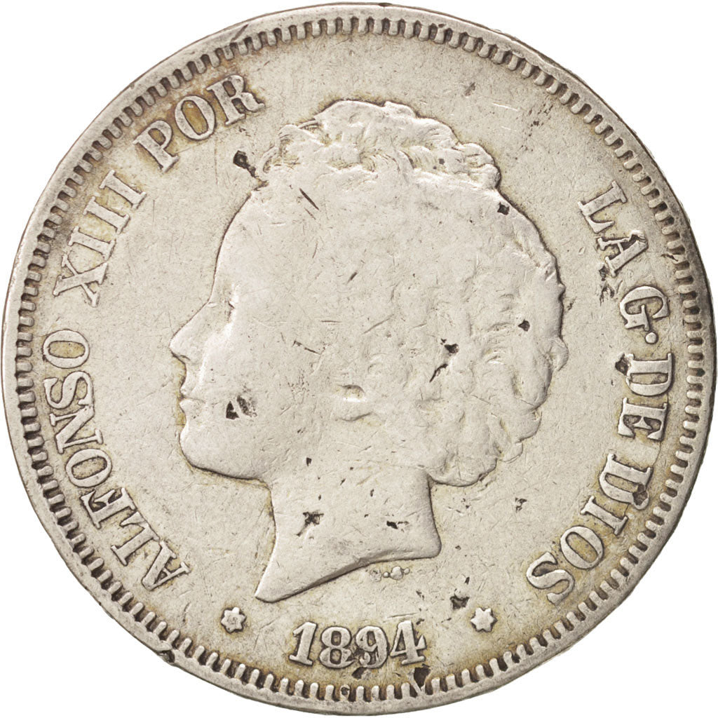 Coin, Spain, Alfonso XIII, 5 Pesetas, 1894, Valencia, EF(40-45), Silver, KM:700