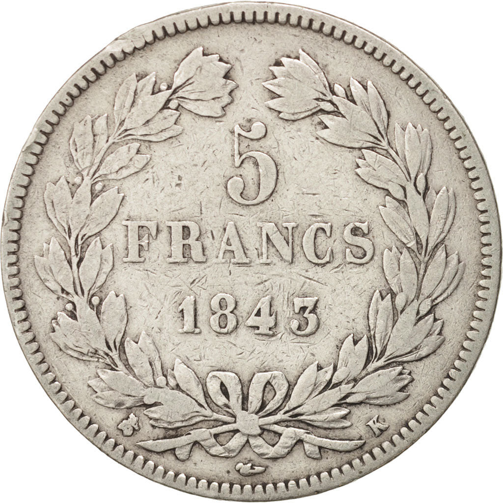 Coin, France, Louis-Philippe, 5 Francs, 1843, Bordeaux, VF(30-35), Silver