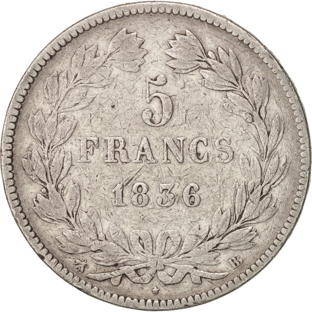 Münze, Frankreich, Louis-Philippe, 5 Francs, 1836, Strasbourg, S+, Silber